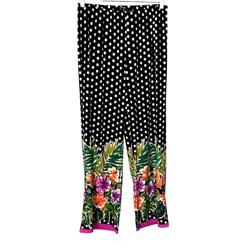 MAGGIE BARNES WIDE LEG BOHO PANTS, WOMENS, L, BLACK/WHITE POLKA DOT & FLOWERS